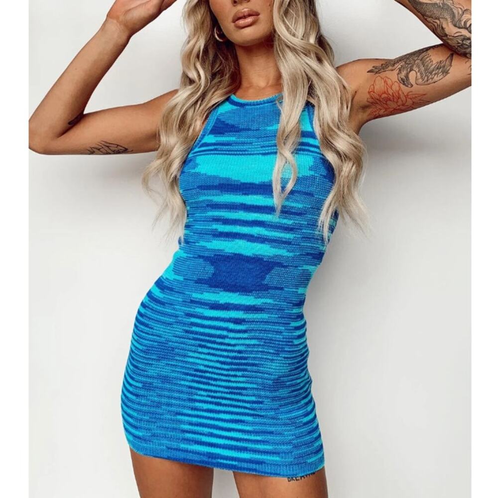 New Princess Polly Blue Striped Elish Wave Knit Bodycon Mini Dress Size Small
